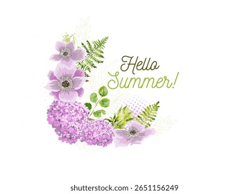 Hallo Summer. Rosa Blumen Rahmen. handgezeichnet. Nicht AI, Vektorgrafik.