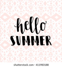 Hello summer pink hipster boho chic background with aztec tribal mexican texture. Minimal printable journaling card, creative card, art print, minimal label design for banner, poster, flyer.
