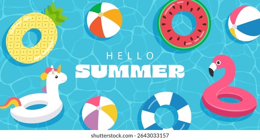 Hello summer, pink inflatable flamingo and unicorn, watermelon and pineapple float on sea or pool water background, summer travel, vector illustration.