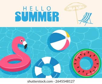 Hello summer, pink inflatable flamingo and watermelon, pineapple float on sea or pool water background, summer travel, vector illustration.