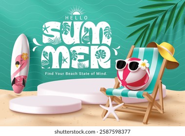 Hello summer podium clipart background design. Summer greeting text in green pattern clip art for holiday vacation with beach chair, surfboard, hat and ball tropical elements vector illustration.
