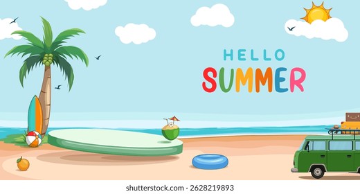 hello summer podium presentation background with illustration of palm tree, drink, car, ball, swimming inflated balloon etc.