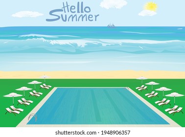 Hello summer. pool and beach. vector