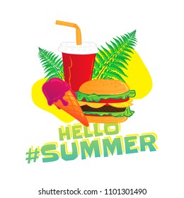 Hello summer popular hashtag. Fast food vector sticker with leaf - ice cream, lemonade, hamburger isolated on white background. Great to use in print design on T-shirt, poster, flyer, banner or web