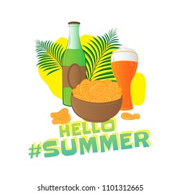 Hello summer popular hashtag. Fast food vector sticker with leaf - bottle, glass of beer, chips isolated on white background. Great to use in print design on T-shirt, poster, flyer, banner or web