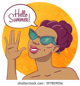 Hello summer. Portrait of a tanned girl in sunglasses. Girl waves a hand. Speech bubble.