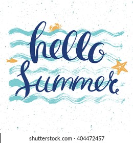 hello summer post card with lettering on blue wavy background