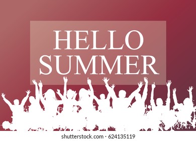 hello summer post card with lettering on blue wavy background
