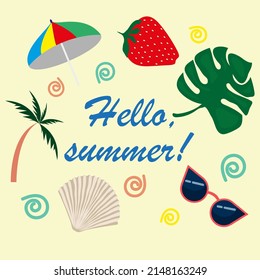 "Hello, summer!", postcard, banner with the image of leaves, palm trees, glasses, strawberries, shells, umbrella in the flat style on a yellow background