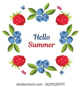 Hola Summer. Una postal con bayas de verano. Hermosas bayas silvestres de verano, arándanos, frambuesas. Plantilla de Vector para postales, Anuncios, invitaciones, publicaciones en redes sociales, carteles, aplicaciones móviles