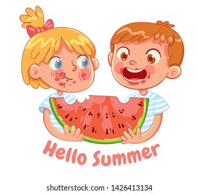 Hello Summer Postcard. Boy and girl eating a slice of watermelon for two. Kid has smeared his face and clothes. Funny cartoon character. Vector illustration. Isolated on white background