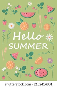 Hello summer postcard with fruits and flowers. vector illustration