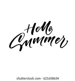 Hello summer postcard. Ink illustration. Modern brush calligraphy. Isolated on white background. 
