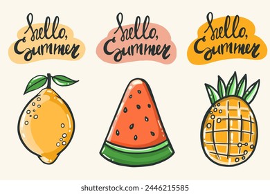 Hello summer postcard with lemon, watermelon and pineapple