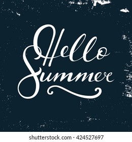 Hello Summer. Postcard or poster with hand drawn lettering. Handwritten decorative illustration.