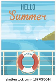 Hola postal de verano. Línea de crucero con salvavidas. Ilustración vectorial.