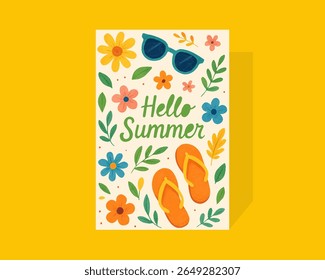 Hello summer postcard with flip‑flops, tropical flowers and leaves on vibrant yellow background in flat cartoon design for seasonal decoration. Vector illustration.