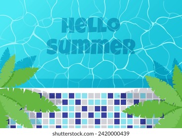 Hello summer postcard. Vector illustration of a swimming pool top view.