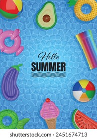 hola poster de verano con 3d coloridos anillos de natación, bolas de playa y balsas de flost en la piscina textura del agua