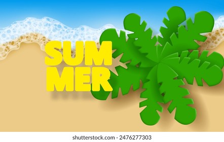 Hello summer poster with 3D oblects. Green palm tree and text SUMMER. Top view