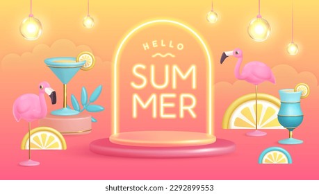 Hello summer poster with 3D plastic tropic fruits, cocktail, flamingo and neon text. Summer background. Vector illustration