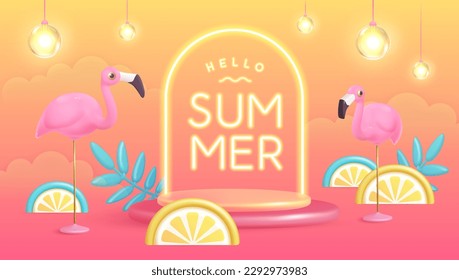Hello Summer poster with 3D plastic tropic fruits, leaves, flamingo and neon text. Summer background. Vector illustration