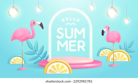 Afiche de verano con frutas tropicales de plástico 3D, hojas, flamingo y texto de neón. Fondo de verano. Ilustración del vector