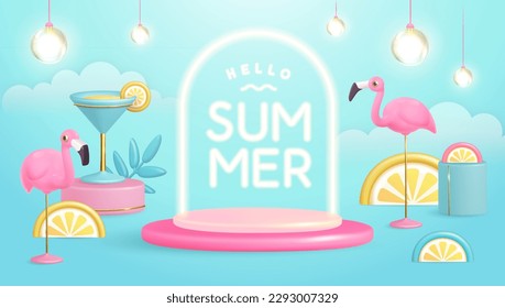 Hello summer poster with 3D plastic tropic fruits, cocktail, flamingo and neon text. Summer background. Vector illustration