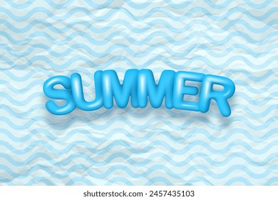 Hello Summer poster. 3d text SUMMER on blue waves background. Hello summer concept