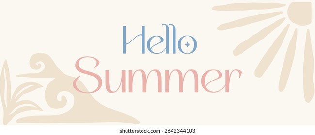 Hello summer poster. Abstract template with frame of plants, lines and leaves. Design element for websites, social networks and print. Cartoon flat vector illustration isolated on pink background