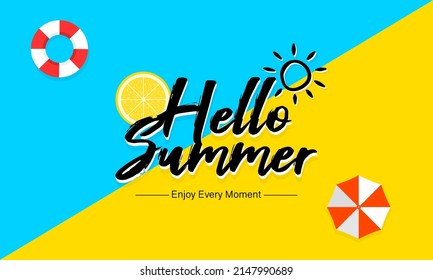 Hello, Summer poster or banner. Hello, summer with a blue and yellow color background.