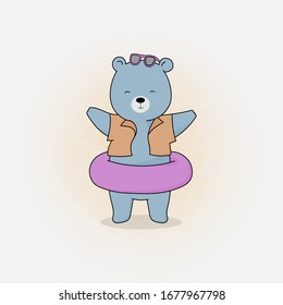 Hello summer poster or banner with cute bear wear shirt and pool swim ring.