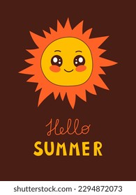 Hello summer poster banner. Cute sun with handwritten lettering for seasonal greeting card template. Vector illustration in retro style
