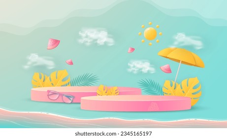 Hello summer poster banner display podium with summer beach scene design background