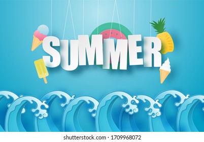 Hello summer poster or banner with hanging text, ice cream, swim ring, pineapple over sea wave in paper cut style. Vector illustration digital craft paper art. wallpaper, backdrop, summer season.