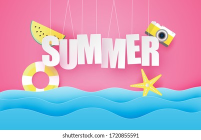 Hello summer poster or banner with hanging text and decoration in paper cut style. Vector illustration digital craft paper art. wallpaper, backdrop, summer season.