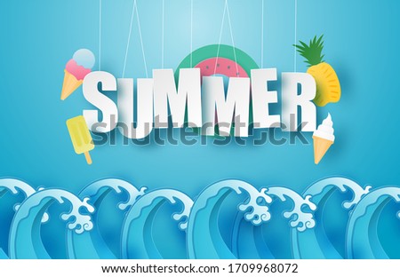 Hello summer poster or banner with hanging text, ice cream, swim ring, pineapple over sea wave in paper cut style. Vector illustration digital craft paper art. wallpaper, backdrop, summer season.