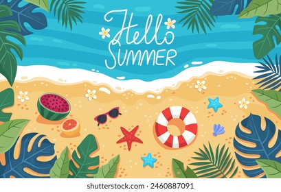 Hello summer. Summer poster, banner, horizontal design. Sea coast, sandy beach. Holidays by the sea, relaxation, vacation concept. Lifebuoy, starfish, sunglasses. Leaves of tropical plants, watermelon