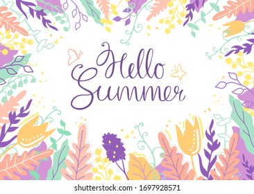 Afiche de verano de Adiós, cartel al estilo de Doodle. Ilustración vectorial, letras y diseño colorido para carteles, postales, invitaciones.