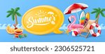 Hello Summer poster or banner template with Pink Flamingo Pool Float, Beach Chairs, Beach Umbrella,Surfboards and Summer element on blue background. Promotion and shopping template for Summer