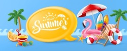 Hello Summer Poster Or Banner Template With Pink Flamingo Pool Float, Beach Chairs, Beach Umbrella,Surfboards And Summer Element On Blue Background. Promotion And Shopping Template For Summer