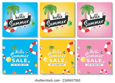 Hello summer poster banner template set with tropical fruits in different color. 