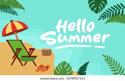 Hello Summer Poster or Banner template, Summer template featuring a tropical beach scene. Product display,Tropical summer scene,Perfect for promoting