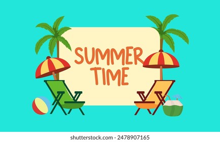 Póster de Hola Verano o Plantilla de Anuncio, Plantilla de verano con un escenario de playa tropical. Expositor de Producto, Escena de verano tropical, Perfecto para promocionar