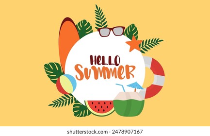 Póster de Hola Verano o Plantilla de Anuncio, Plantilla de verano con un escenario de playa tropical. Expositor de Producto, Escena de verano tropical, Perfecto para promocionar