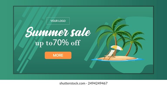  Hello Summer poster or banner template with Pink Flamingo Pool Float, Beach Chairs, Beach Umbrella, Surfboards and Summer element on blue background. Promotion and shopping template for Summer.