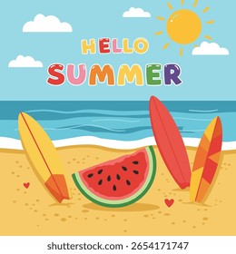 Hello Summer Poster or Banner template with Wooden Sign,Summer template featuring a tropical beach scene with sun and party elements.Product display,Tropical summer scene,Perfect for promoting