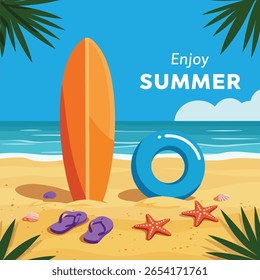 Hello Summer Poster or Banner template with Wooden Sign,Summer template featuring a tropical beach scene with sun and party elements.Product display,Tropical summer scene,Perfect for promoting