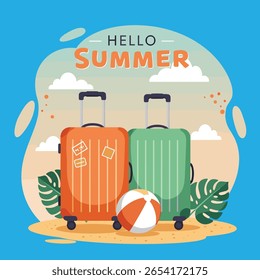 Hola Póster de verano o Plantilla de Anuncio con signo de madera, Plantilla de verano con un panorama de playa tropical con Elementos de sol y fiesta. Exhibición de Producto, Escena de verano tropical, Perfecto para promocionar