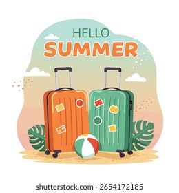 Hello Summer Poster or Banner template with Wooden Sign,Summer template featuring a tropical beach scene with sun and party elements.Product display,Tropical summer scene,Perfect for promoting
